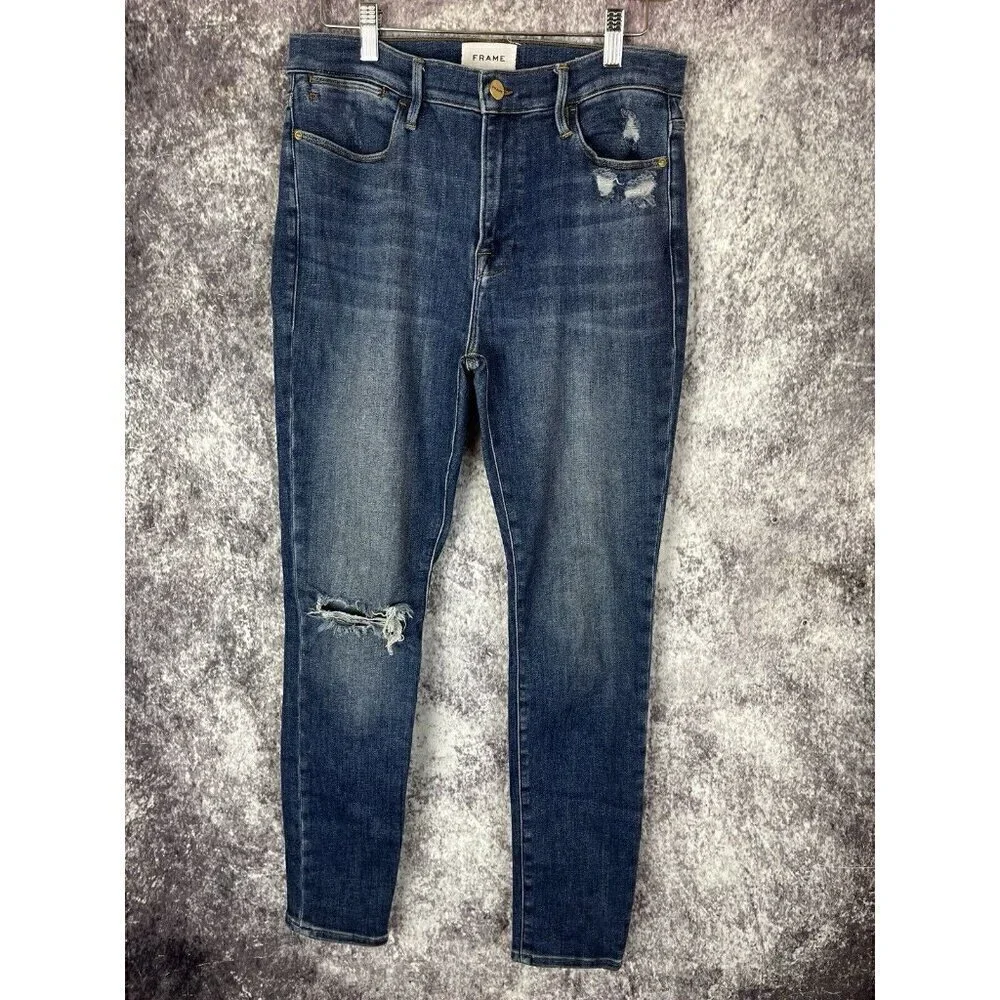 Frame Jeans Womens 30 Blue Distressed‎ Denim Le High Skinny Sleek Boho Indie Art
